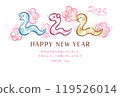 2025 Year of the Snake New Year's card template with cute snake illustration 119526014