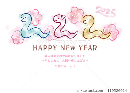 2025 Year of the Snake New Year's card template with cute snake illustration 2025 Year of the Snake New Year's card template with cute snake illustration 119526014