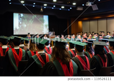Group of medical graduates in gowns and caps during a commencement ceremony in an auditorium 119526111