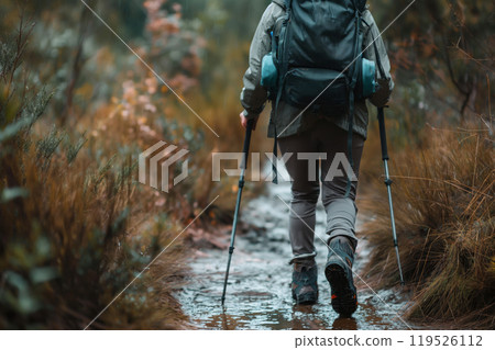 Person with hiking poles and backpack on a serene nature trail, surrounded by lush woodland 119526112