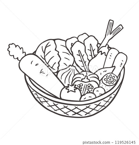 Hand-drawn illustration of vegetables in a basket (monochrome) Hand-drawn illustration of vegetables in a basket (monochrome) 119526145