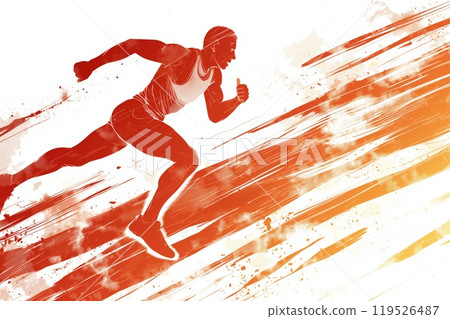 Artistic illustration depicting a runner with intense determination, captured mid-sprint with vibrant motion lines 119526487