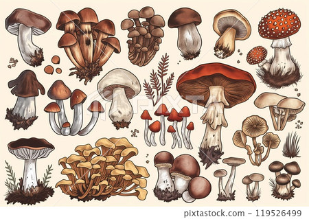 Detailed hand-drawn vintage-style illustration of assorted medicinal mushrooms including shiitake. Reishi. Maitake. Chaga. And cordyceps 119526499