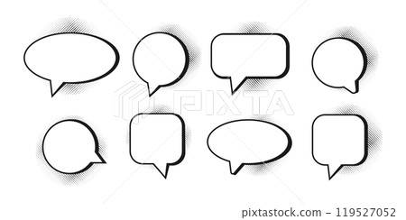 Empty speech bubbles decorated with black halftone shadow in pop art style. Various shapes. Vector illustration 119527052