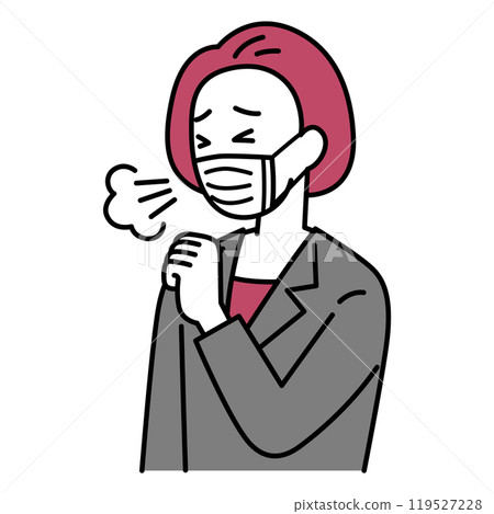 A middle-aged woman in a suit coughing while wearing a mask 119527228