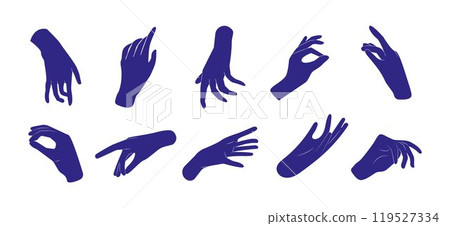 Vector illustration features a captivating set of hands in a boho style, characterized by intricate patterns and a free-spirited design. 119527334