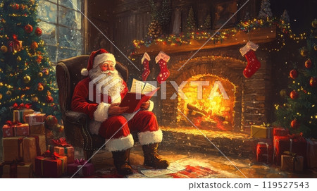 Cozy Santa Claus scene by the fireplace, reading letters with stockings hanging and twinkling lights, warm and inviting. Christmas 119527543