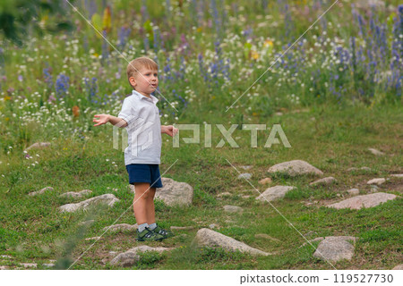 A cheerful young boy stands joyfully in a bright and colorful meadow, enjoying nature and exploring all around him 119527730