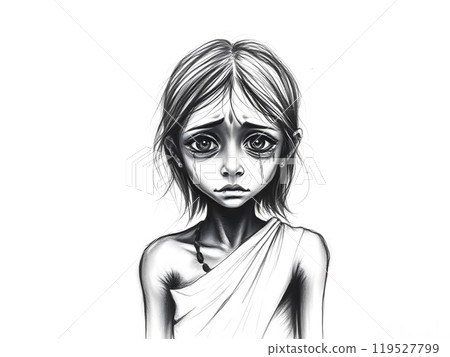 A very sad and thin Indian girl looks forlorn with tears in her eyes, expressing deep sorrow and vulnerability in a stark, emotional portrait 119527799