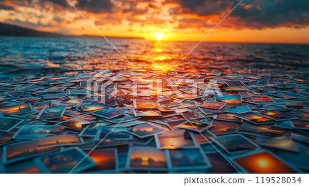 An artistic display of countless sunset photos pinned haphazardly across a pinboard, creating a vibrant and nostalgic collage of beautiful moments at dusk. Generative AI 119528034