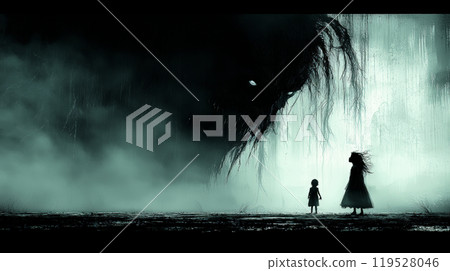 This striking image portrays a little girl clutching her doll, standing in front of a massive, ominous shadow shaped like a monstrous figure, much larger than her. Generative AI 119528046