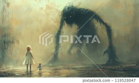 This striking image portrays a little girl clutching her doll, standing in front of a massive, ominous shadow shaped like a monstrous figure, much larger than her. Generative AI This striking image portrays a little girl clutching her doll, standing in front of a massive, ominous shadow shaped like a monstrous figure, much larger than her. Generative AI 119528047