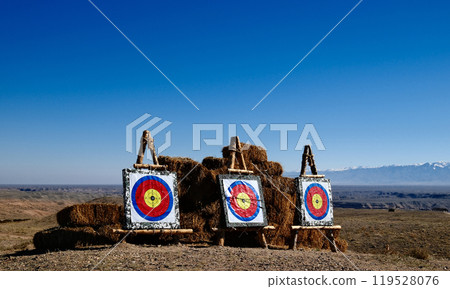 Archery range in desert: Straw targets with colorful bullseyes against arid backdrop Archery range in desert: Straw targets with colorful bullseyes against arid backdrop 119528076