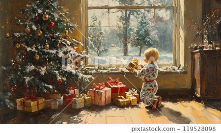 retro vintage christmas illustration of A child in vintage pajamas excitedly opening presents under a decorated Christmas tree, with sunlight streaming through the window. 119528098