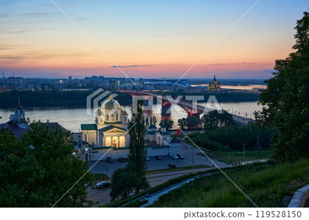 Evening view of Annunciation Monastery, Kanavinsky Bridge and Alexander Nevsky Cathedrall, Nizhny Novgorod, Russia 119528150