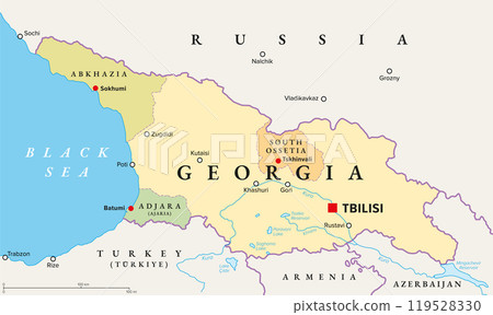Georgia with capital Tbilisi, political map. Country in Eastern Europe and West Asia, part of Caucasus region. With autonomous republics of Abkhazia and Adjara, and independent region South Ossetia. Georgia with capital Tbilisi, political map. Country in Eastern Europe and West Asia, part of Caucasus region. With autonomous republics of Abkhazia and Adjara, and independent region South Ossetia. 119528330