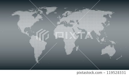 Silhouette of the world with white halftone dots, varying in size and spacing, on gray gradient. Map of the world except Antarctica. Dotted outline and surface of the Earth under Robinson projection. Silhouette of the world with white halftone dots, varying in size and spacing, on gray gradient. Map of the world except Antarctica. Dotted outline and surface of the Earth under Robinson projection. 119528331