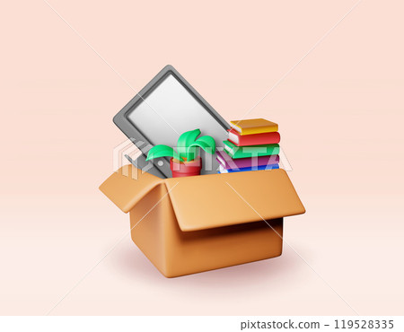 3D open cardboard box with home goods isolated. 3D open cardboard box with home goods isolated. 119528335