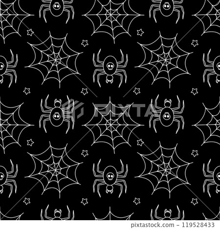 Seamless pattern with hand drawn Halloween spiders and cobweb 119528433