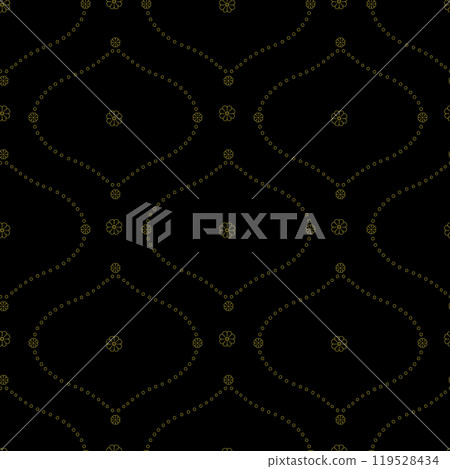 Seamless pattern with golden floral ogee geometrical motifs on a black background Seamless pattern with golden floral ogee geometrical motifs on a black background 119528434