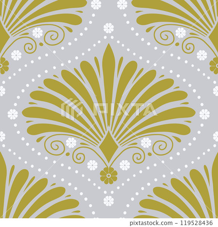 Seamless pattern with gold anthemion floral shapes and ogee geometrical motifs on a gray background 119528436