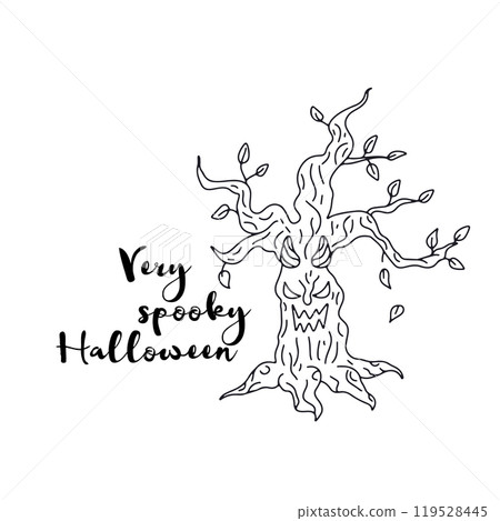 Card or poster with hand drawn Halloween illustration with evil forest tree Card or poster with hand drawn Halloween illustration with evil forest tree 119528445
