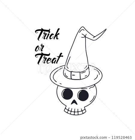 Card or poster with cute Halloween illustration with human skull wearing witch hat 119528463