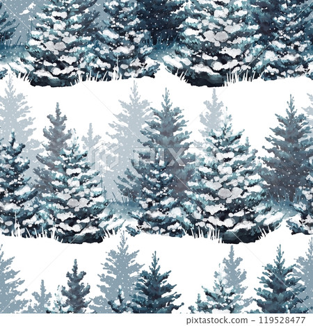 Watercolor seamless pattern with fir forest. Winter woodland. Hand drawn Christmas background Watercolor seamless pattern with fir forest. Winter woodland. Hand drawn Christmas background 119528477