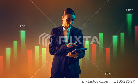 Presenter highlights key data points using advanced graphical aids in professional setting. Presenter highlights key data points using advanced graphical aids in professional setting. 119528557