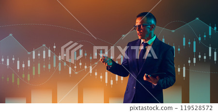 Young man, speaker, corporate leader delivers insights into market trends, backed by glowing data chart. 119528572