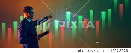 Banner. Professional explains market fluctuations using interactive bar graph during corporate seminar. 119528578