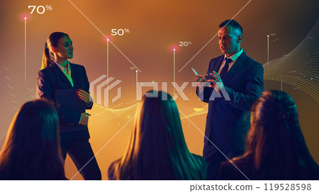 Businessman and assistant analyzes recent data changes, standing before brightly colored bar chart. 119528598