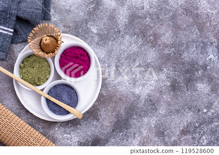 Green, blue and pink matcha powder Green, blue and pink matcha powder 119528600