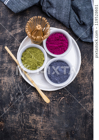 Green, blue and pink matcha powder 119528601