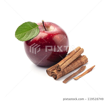 Sweet apples with cinnamon spice on white backgrounds 119528749