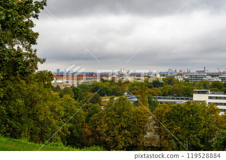 Autumn view of the Luitpold park near Olympic Park in Munich, Bavaria, Germany 119528884