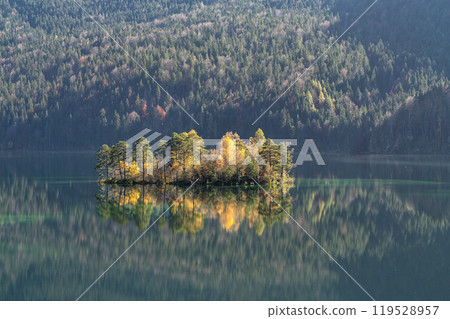 Autumn colors in fall at lake Eibsee, Garmisch-Partenkirchen, Bavarian alps, Germany 119528957