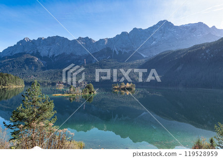 Autumn colors in fall at lake Eibsee, Garmisch-Partenkirchen, Bavarian alps, Germany 119528959