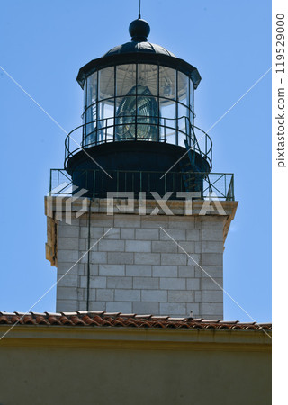Panoramic view of the lighthouse of Porquerolles island in summer time, French Riviera, France 119529000