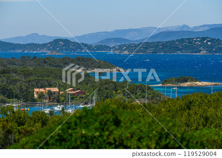 Sunny day on wild coast Porquerolles Island, Bluff and sea, France 119529004