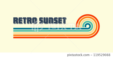 Horizontal vintage sunset. Various colorful striped sunrise badges in 80s and 90s style. Sun and ocean view, summer vibes, surfing. Design element, print, logo or t-shirt. Vector illustration 119529088