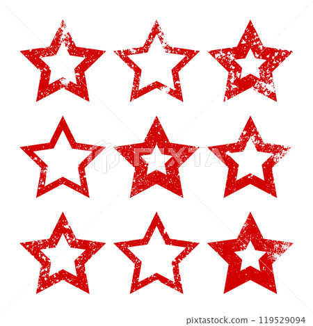 Red vintage stars with cracks and stains. Old hand-drawn sign, black simple shape. Retro design element with distressed effect, grunge texture. Vector illustration 119529094