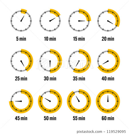Simple stopwatch icons. Colorful chronometer, time counter with dial. Countdown timer showing hours and minutes. Deadline, measurement for sport. Cooking time label, sticker. Vector illustration 119529095