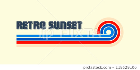 Horizontal vintage sunset. Various colorful striped sunrise badges in 80s and 90s style. Sun and ocean view, summer vibes, surfing. Design element, print, logo or t-shirt. Vector illustration 119529106