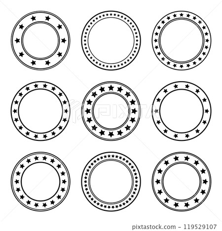 Stars of various sizes arranged in a circle. Round frame, border. Black star shape, simple symbol. Vintage logo, logotype design element, ornament. Vector illustration Stars of various sizes arranged in a circle. Round frame, border. Black star shape, simple symbol. Vintage logo, logotype design element, ornament. Vector illustration 119529107