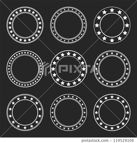 Stars of various sizes arranged in a circle. Round frame, border. Black star shape, simple symbol. Vintage logo, logotype design element, ornament. Vector illustration Stars of various sizes arranged in a circle. Round frame, border. Black star shape, simple symbol. Vintage logo, logotype design element, ornament. Vector illustration 119529108