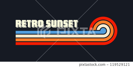 Vintage sunset collection. Various colorful striped sunrise badges in 80s and 90s style. Sun and ocean view, summer vibes, surfing. Design element for print, logo or t-shirt. Vector illustration 119529121