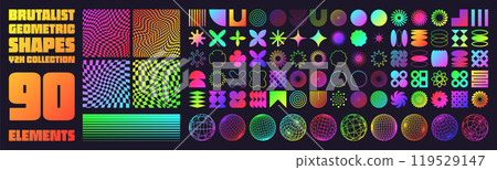 Brutalist geometric shapes, neon modern symbols. Groovy checkered pattern, distorted tiled grid. Simple elements, forms. Retro design, trendy contemporary minimalist style, y2k. Vector illustration 119529147