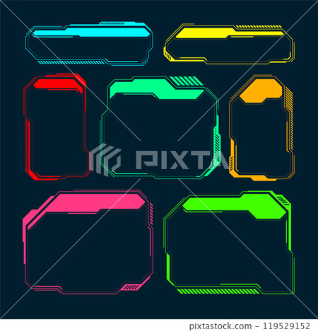 Futuristic HUD or UI elements. Sci-fi user interface text boxes, callouts. Colorful warning message frame, information boxes template. Modern game interface layout, digital style. Vector illustration Futuristic HUD or UI elements. Sci-fi user interface text boxes, callouts. Colorful warning message frame, information boxes template. Modern game interface layout, digital style. Vector illustration 119529152