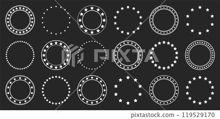 Stars of various sizes arranged in a circle. Round frame, border. Black star shape, simple symbol. Vintage logo, logotype design element, ornament. Vector illustration 119529170